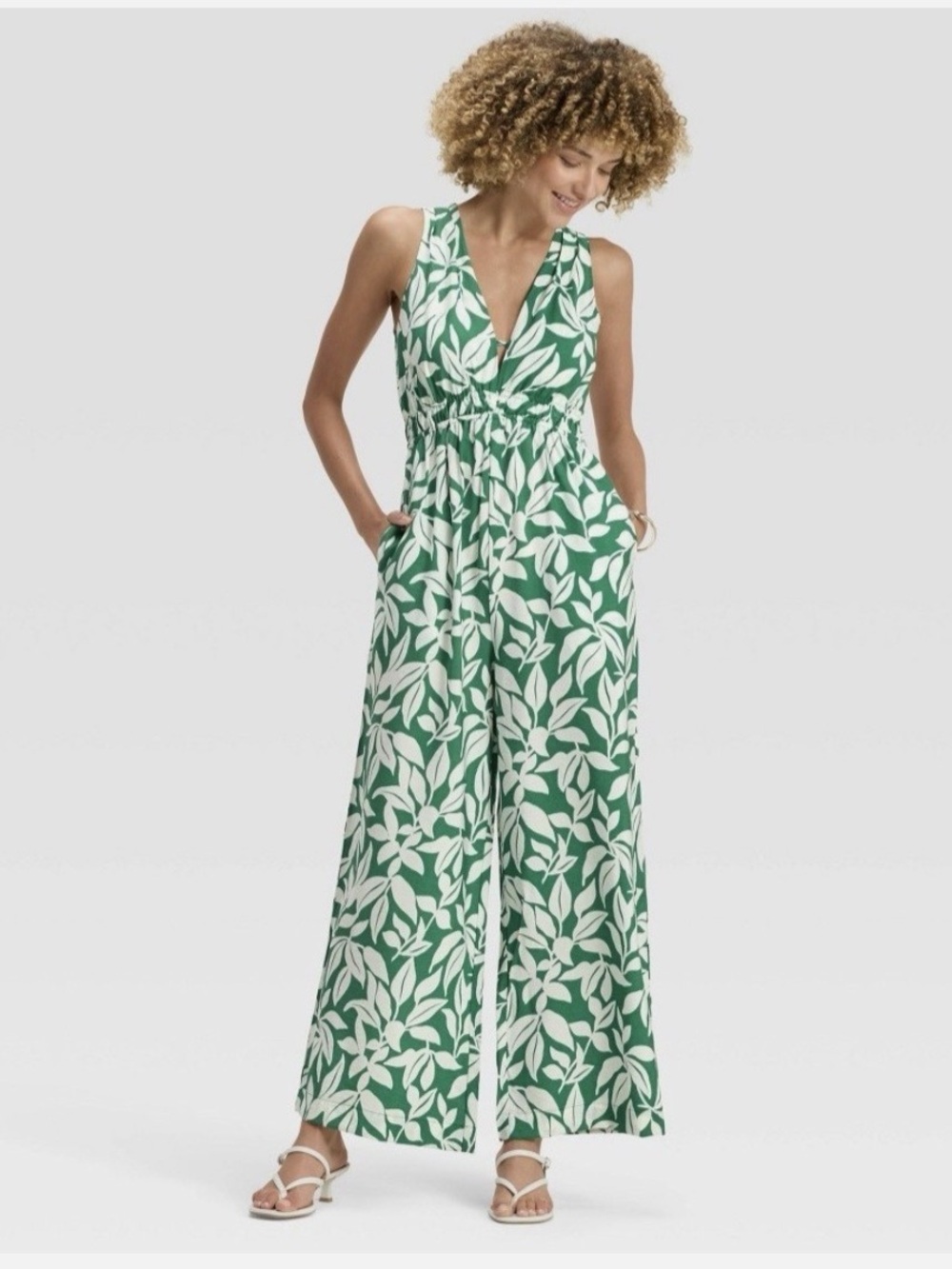 A New Day Women's Sleeveless Jumpsuit Green Cream Leaf Size XS NWT
